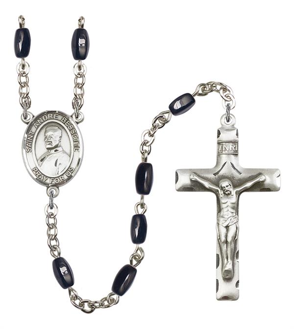 St. Andre Bessette Rosary, 8x5mm Black Onyx Beads, Silver Plate, # 13161