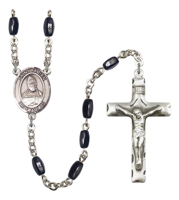 St. Fabian Rosary, 8x5mm Black Onyx Beads, Silver Plate, # 13164