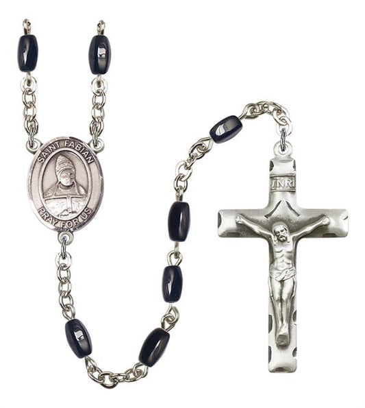 St. Fabian Rosary, 8x5mm Black Onyx Beads, Silver Plate, # 13164