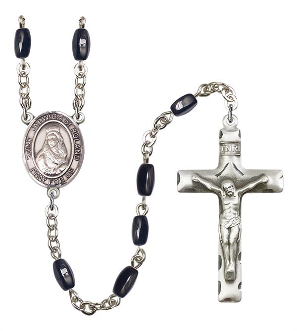St. Jadwiga of Poland Rosary, 8x5mm Black Onyx Beads, Silver Plate, # 13170