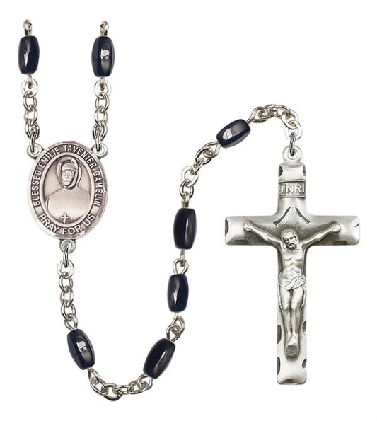 Blessed Emilie Tavernier Gamelin Rosary, 8x5mm Black Onyx Beads, Silver Plate, # 13171