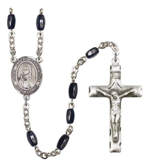 St. Kateri Tekakwitha Rosary, 8x5mm Black Onyx Beads, Silver Plate, # 13172