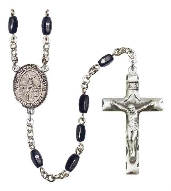 St. Medard of Noyon Rosary, 8x5mm Black Onyx Beads, Silver Plate, # 13178