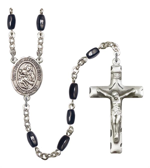 Our Lady of the Precious Blood Rosary, 8x5mm Black Onyx Beads, Silver Plate, # 13182