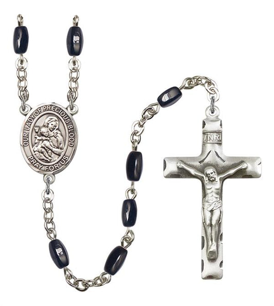 Our Lady of the Precious Blood Rosary, 8x5mm Black Onyx Beads, Silver Plate, # 13182