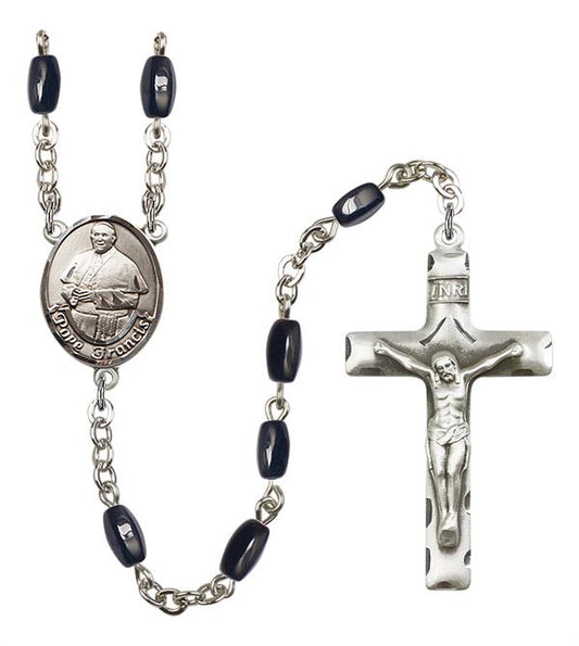 Pope Francis Rosary, 8x5mm Black Onyx Beads, Silver Plate, # 13185