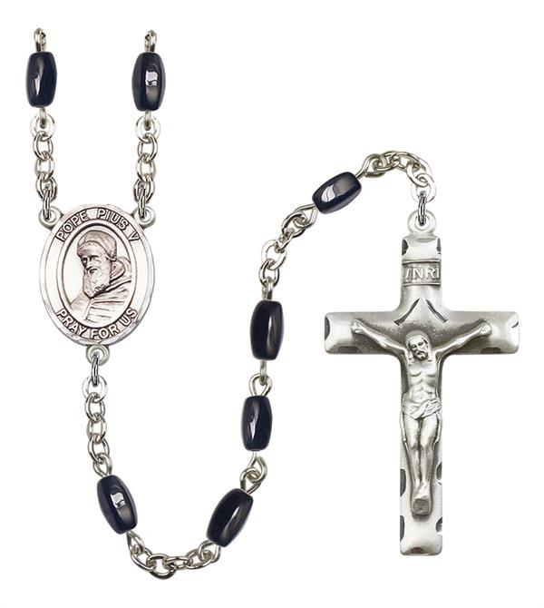 Pope Pius V Rosary, 8x5mm Black Onyx Beads, Silver Plate, # 13186