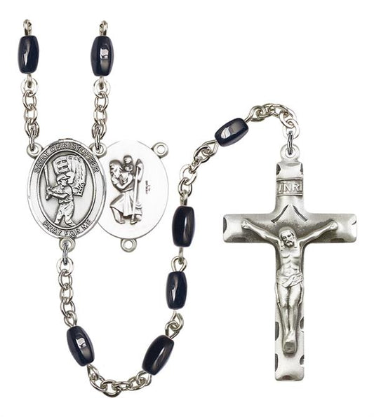 St. Christopher / Baseball Rosary, 8x5mm Black Onyx Beads, Silver Plate, # 13188