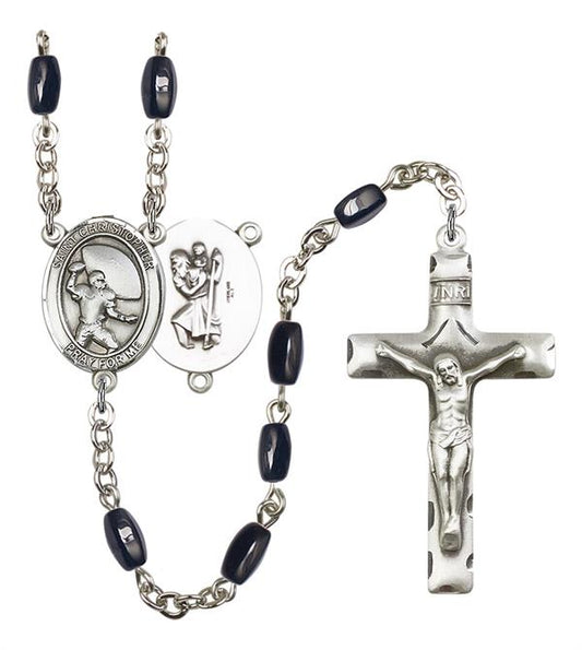 St. Christopher / Football Rosary, 8x5mm Black Onyx Beads, Silver Plate, # 13189
