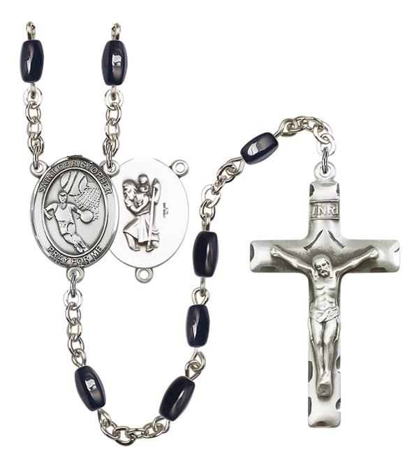 St. Christopher / Basketball Rosary, 8x5mm Black Onyx Beads, Silver Plate, # 13190