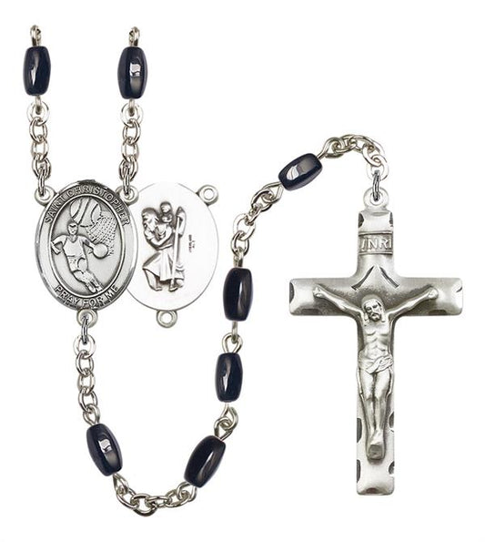 St. Christopher / Basketball Rosary, 8x5mm Black Onyx Beads, Silver Plate, # 13190