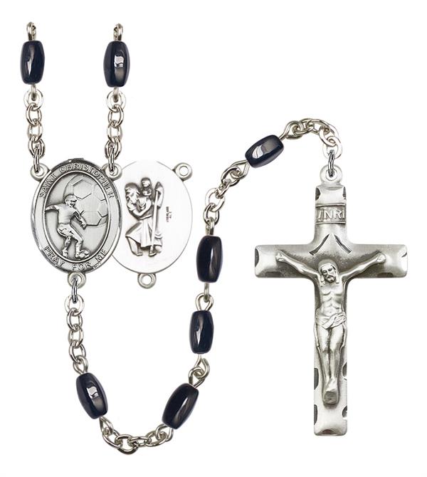 St. Christopher / Soccer Rosary, 8x5mm Black Onyx Beads, Silver Plate, # 13191