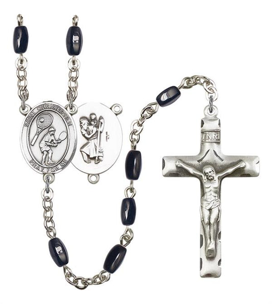 St. Christopher / Tennis Rosary, 8x5mm Black Onyx Beads, Silver Plate, # 13193
