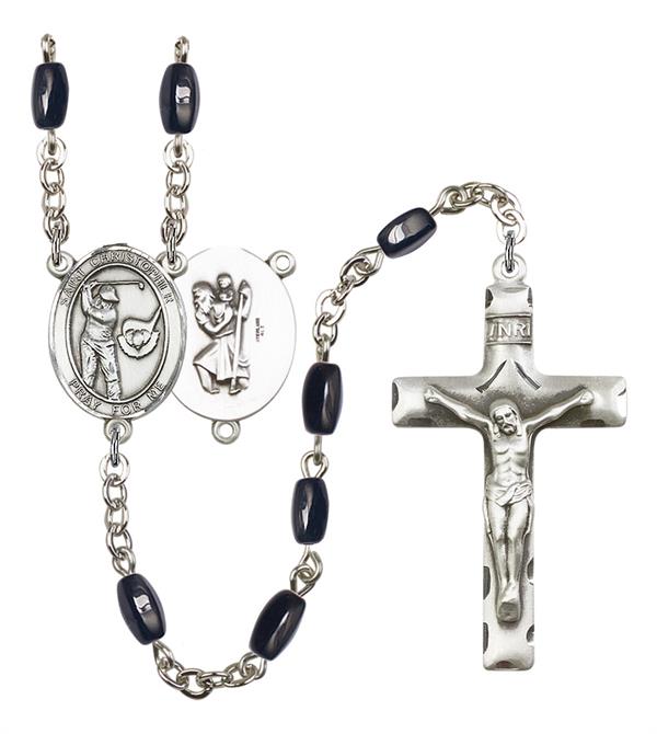 St. Christopher / Golf Rosary, 8x5mm Black Onyx Beads, Silver Plate, # 13194