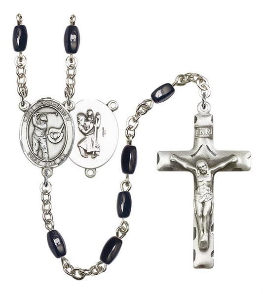 St. Christopher / Golf Rosary, 8x5mm Black Onyx Beads, Silver Plate, # 13194