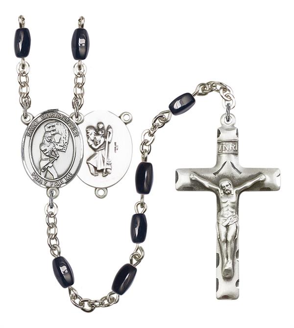 St. Christopher / Softball Rosary, 8x5mm Black Onyx Beads, Silver Plate, # 13195