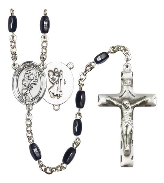 St. Christopher / Softball Rosary, 8x5mm Black Onyx Beads, Silver Plate, # 13195