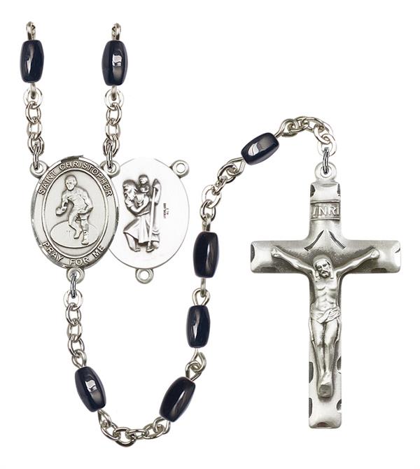 St. Christopher / Wrestling Rosary, 8x5mm Black Onyx Beads, Silver Plate, # 13196