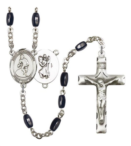St. Christopher / Wrestling Rosary, 8x5mm Black Onyx Beads, Silver Plate, # 13196