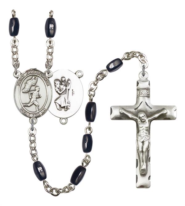 St. Christopher / Men's Track & Field Rosary, 8x5mm Black Onyx Beads, Silver Plate, # 13197