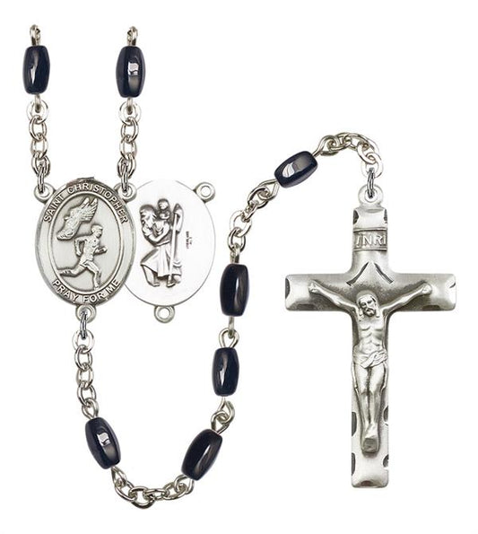St. Christopher / Men's Track & Field Rosary, 8x5mm Black Onyx Beads, Silver Plate, # 13197