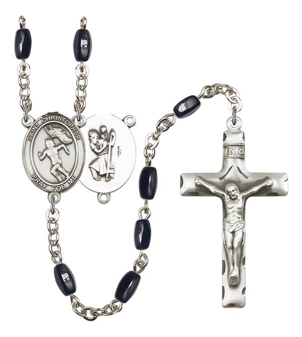 St. Christopher / Women's Track & Field Rosary, 8x5mm Black Onyx Beads, Silver Plate, # 13198