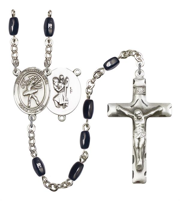 St. Christopher / Dance Rosary, 8x5mm Black Onyx Beads, Silver Plate, # 13200