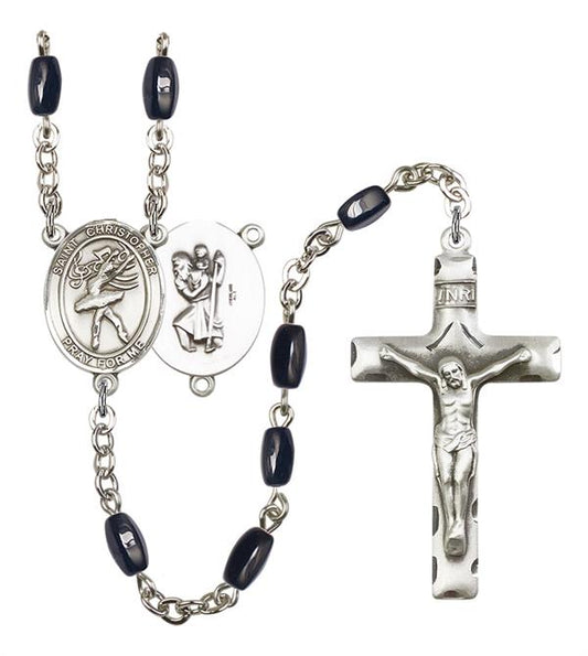 St. Christopher / Dance Rosary, 8x5mm Black Onyx Beads, Silver Plate, # 13200