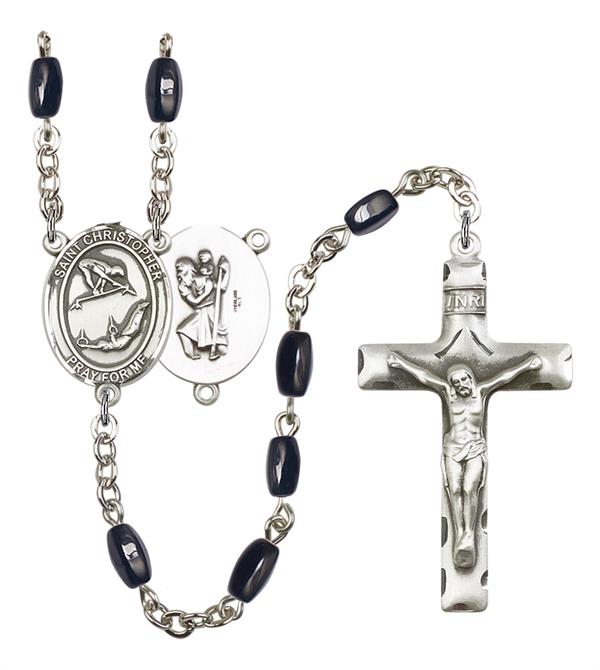 St. Christopher / Gymnastics Rosary, 8x5mm Black Onyx Beads, Silver Plate, # 13201