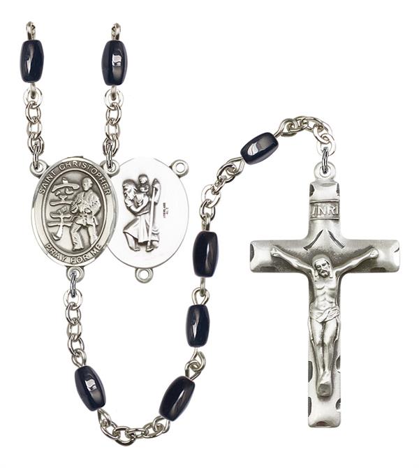 St. Christopher / Karate Rosary, 8x5mm Black Onyx Beads, Silver Plate, # 13203