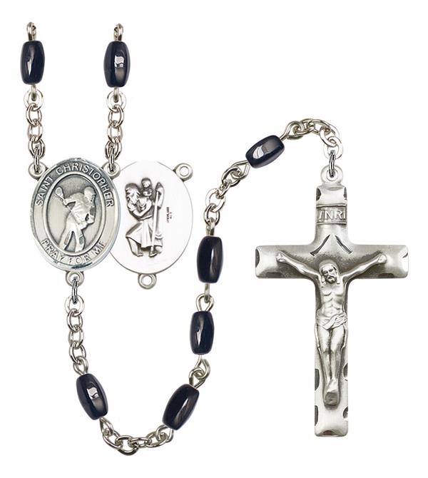 St. Christopher / Lacrosse Rosary, 8x5mm Black Onyx Beads, Silver Plate, # 13204