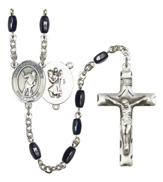 St. Christopher / Lacrosse Rosary, 8x5mm Black Onyx Beads, Silver Plate, # 13204