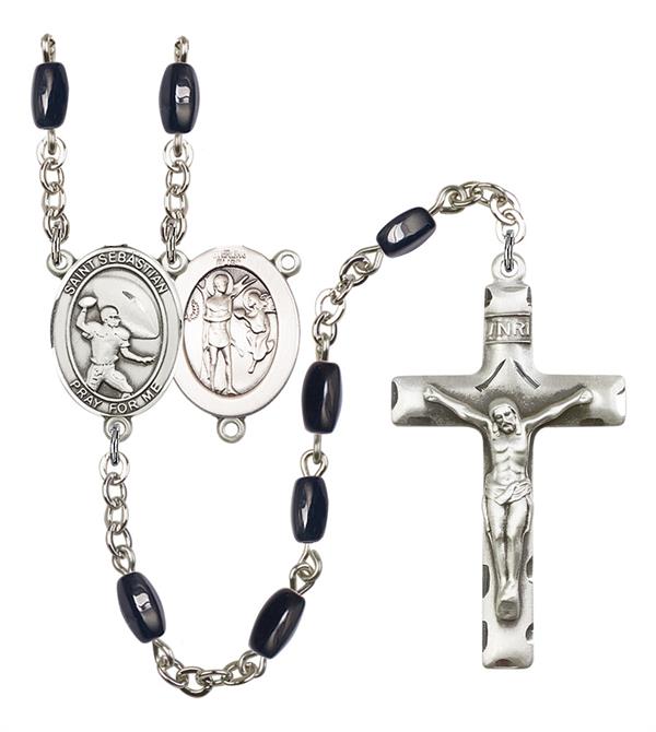 St. Sebastian / Football Rosary, 8x5mm Black Onyx Beads, Silver Plate, # 13207