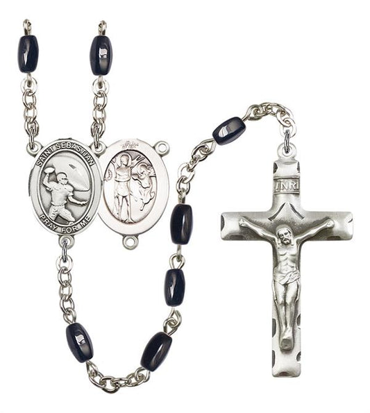 St. Sebastian / Football Rosary, 8x5mm Black Onyx Beads, Silver Plate, # 13207