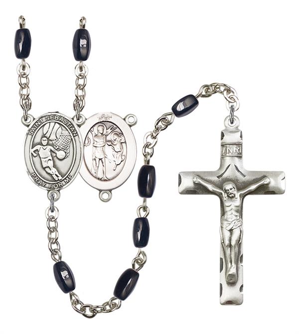 St. Sebastian / Basketball Rosary, 8x5mm Black Onyx Beads, Silver Plate, # 13208