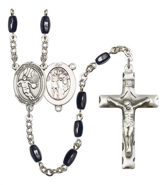 St. Sebastian / Basketball Rosary, 8x5mm Black Onyx Beads, Silver Plate, # 13208