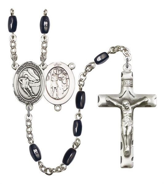 St. Sebastian / Hockey Rosary, 8x5mm Black Onyx Beads, Silver Plate, # 13210