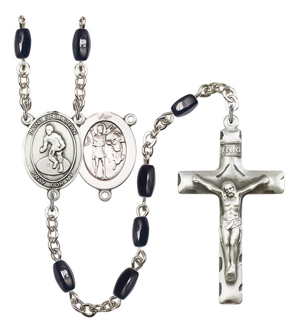 St. Sebastian / Wrestling Rosary, 8x5mm Black Onyx Beads, Silver Plate, # 13214
