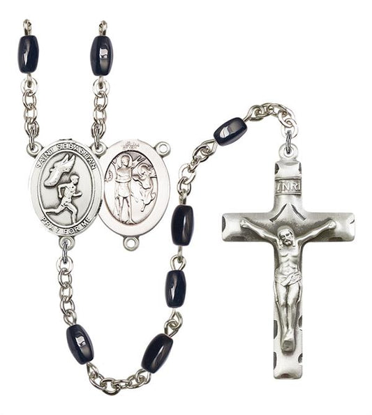 St. Sebastian / Men's Track & Field Rosary, 8x5mm Black Onyx Beads, Silver Plate, # 13215