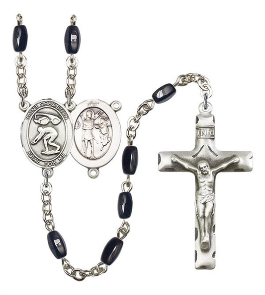 St. Sebastian / Swimming Rosary, 8x5mm Black Onyx Beads, Silver Plate, # 13217