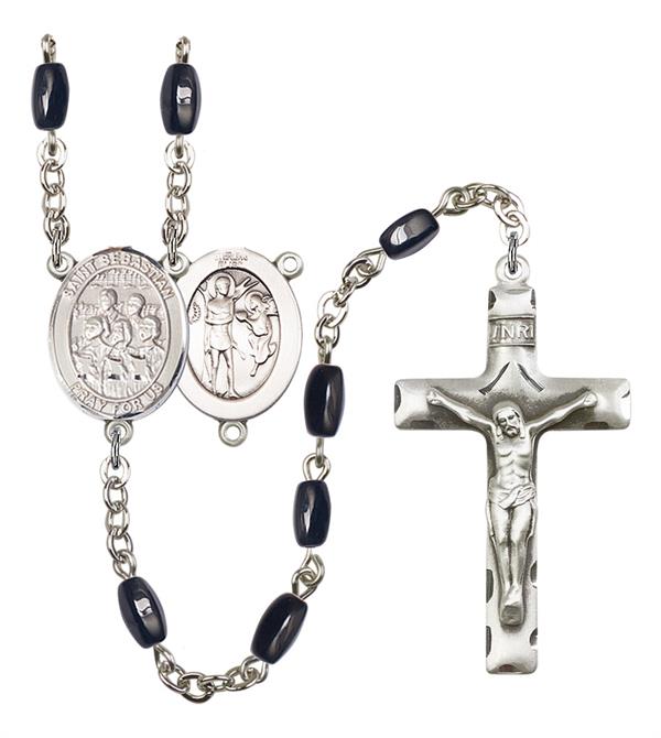 St. Sebastian / Choir Rosary, 8x5mm Black Onyx Beads, Silver Plate, # 13220