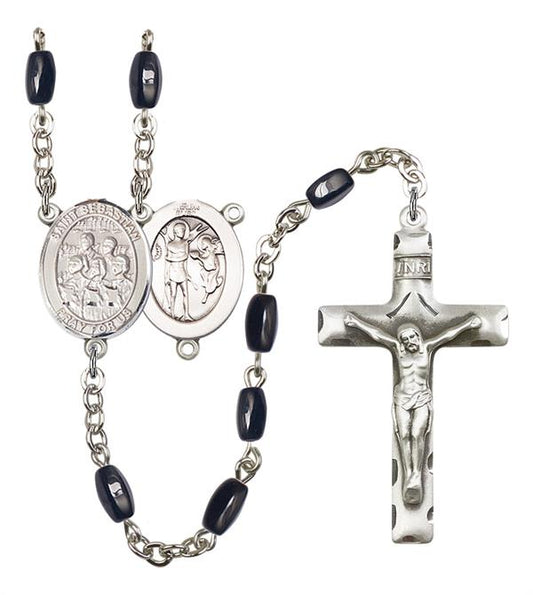 St. Sebastian / Choir Rosary, 8x5mm Black Onyx Beads, Silver Plate, # 13220