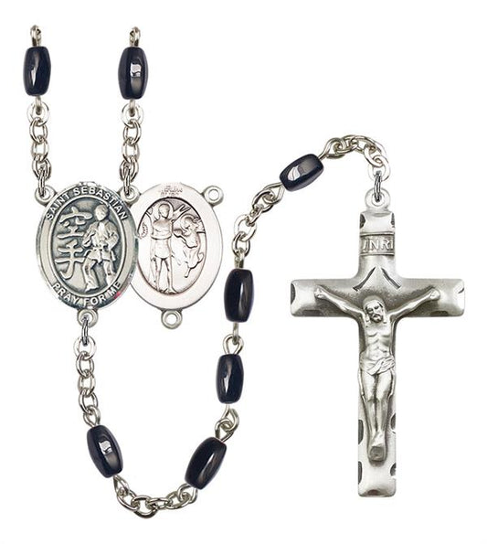 St. Sebastian / Karate Rosary, 8x5mm Black Onyx Beads, Silver Plate, # 13221