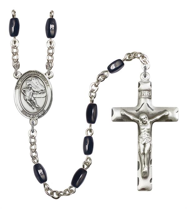 Guardian Angel / Hockey Rosary, 8x5mm Black Onyx Beads, Silver Plate, # 13228