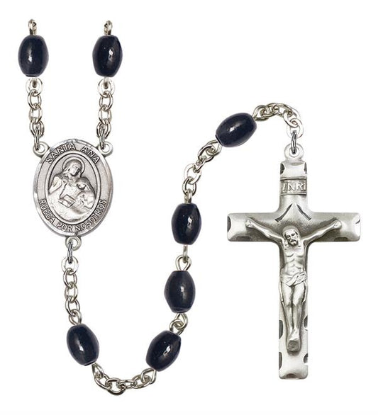 Santa Ana Spanish Rosary, 8x6mm Black Onyx Beads, Silver Plate, # 13239