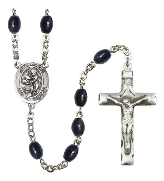 San Antonio Spanish Rosary, 8x6mm Black Onyx Beads, Silver Plate, # 13243