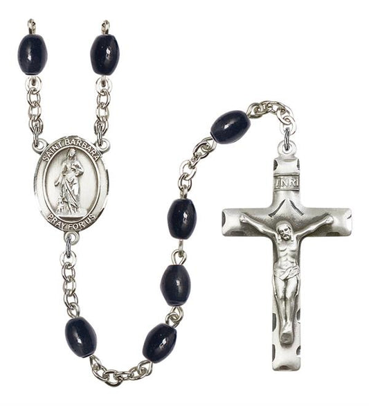 St. Barbara Rosary, 8x6mm Black Onyx Beads, Silver Plate, # 13245