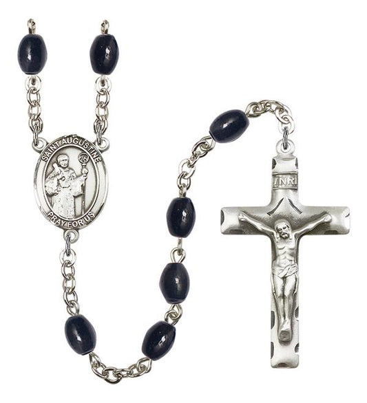 St. Augustine Rosary, 8x6mm Black Onyx Beads, Silver Plate, # 13247