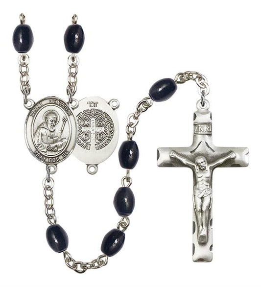 St. Benedict Rosary, 8x6mm Black Onyx Beads, Silver Plate, # 13248