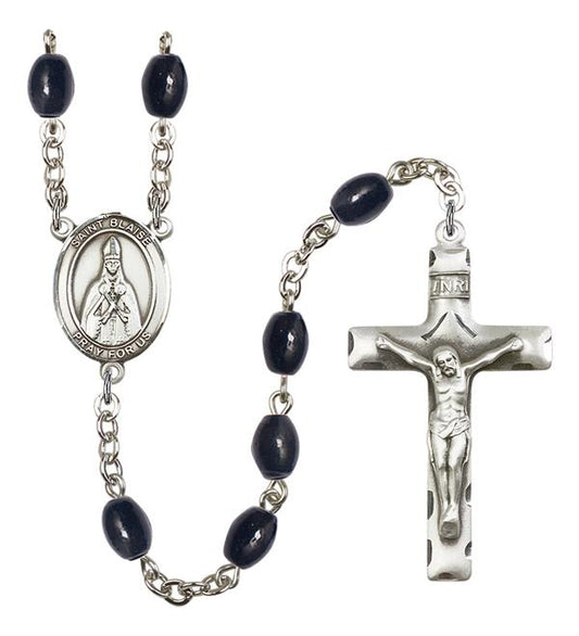 St. Blaise Rosary, 8x6mm Black Onyx Beads, Silver Plate, # 13250